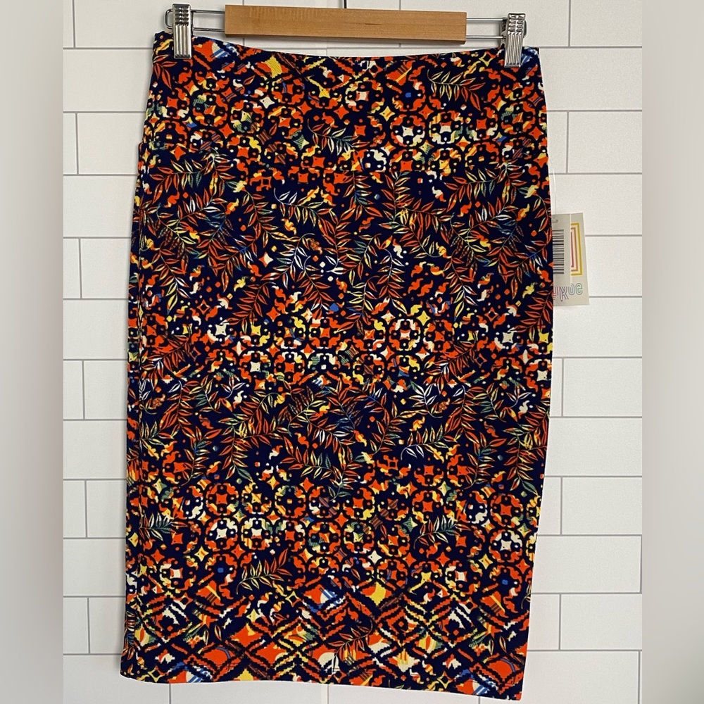 LuLaRoe Cassie Pencil Skirt Size Medium Navy Blue Orange NWT